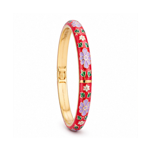 Red Floral Enamel Gold Tone Bangle