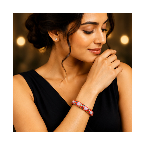 Red Floral Enamel Gold Tone Bangle - Image 2