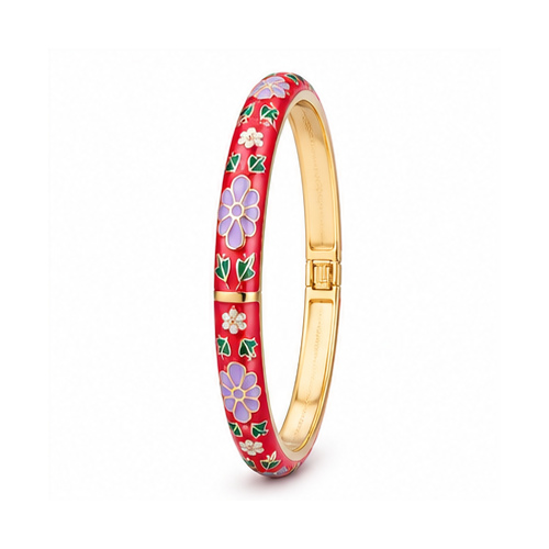 Red Floral Enamel Gold Tone Bangle - Image 3