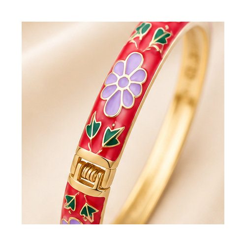Red Floral Enamel Gold Tone Bangle - Image 4