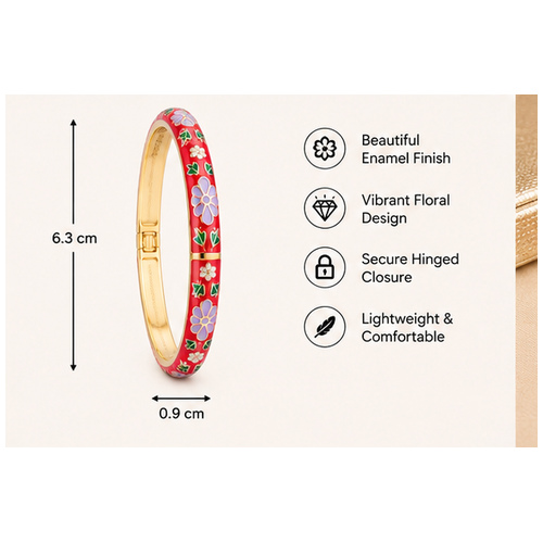 Red Floral Enamel Gold Tone Bangle - Image 6