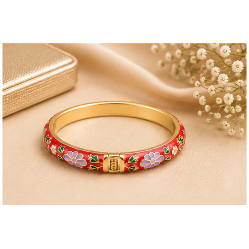Red Floral Enamel Gold Tone Bangle - Image 5