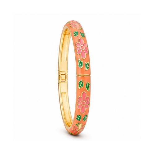 Peach Floral Enamel Gold Tone Bangle