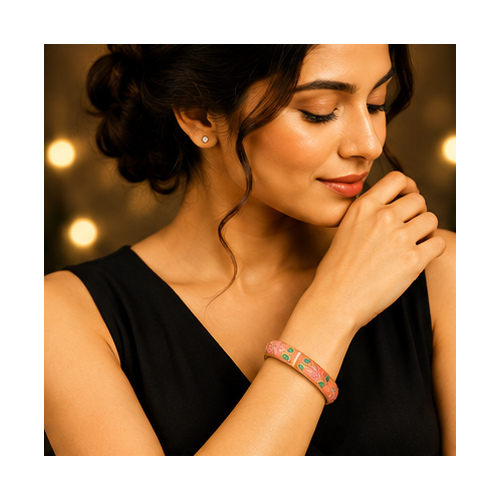 Peach Floral Enamel Gold Tone Bangle - Image 2