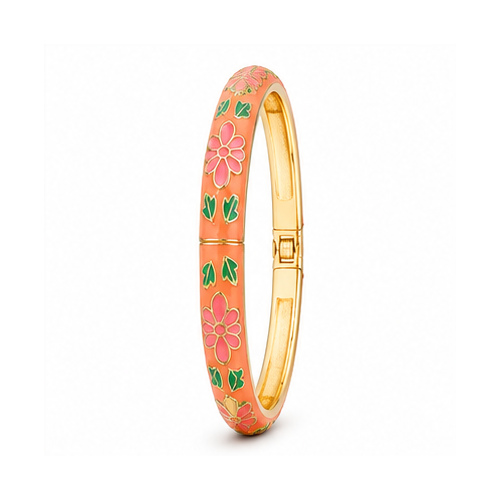 Peach Floral Enamel Gold Tone Bangle - Image 3