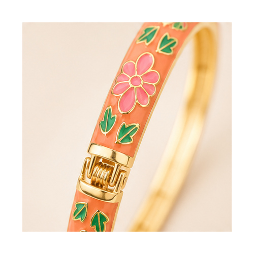 Peach Floral Enamel Gold Tone Bangle - Image 4