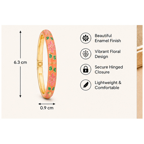Peach Floral Enamel Gold Tone Bangle - Image 6