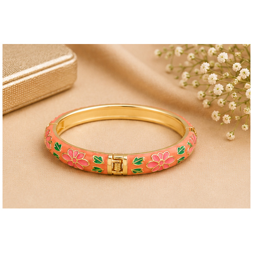 Peach Floral Enamel Gold Tone Bangle - Image 5