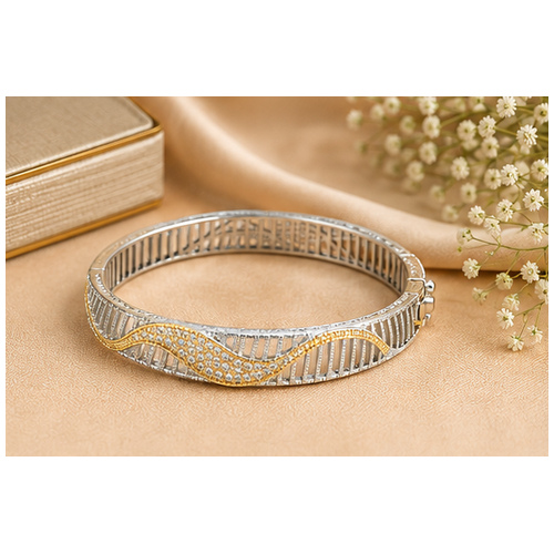 Silver Gold Tone Leaf Textured Bangle - Image 5