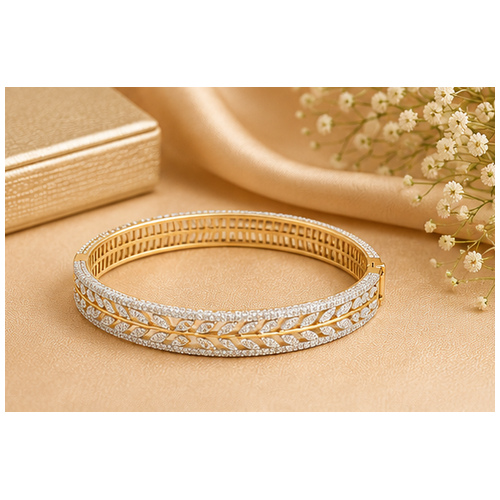 Gold Silver Tone Leaf Crystal Bangle - Image 5