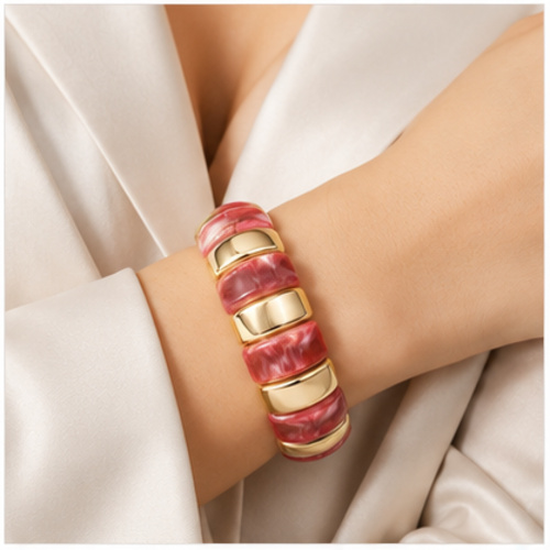 Gold Tone Pink White Wide Enamel Bangle - Image 2