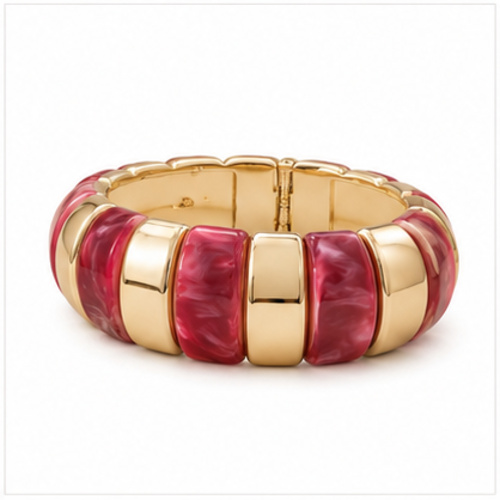 Gold Tone Pink White Wide Enamel Bangle - Image 4