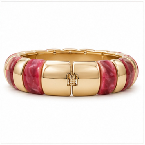 Gold Tone Pink White Wide Enamel Bangle - Image 7