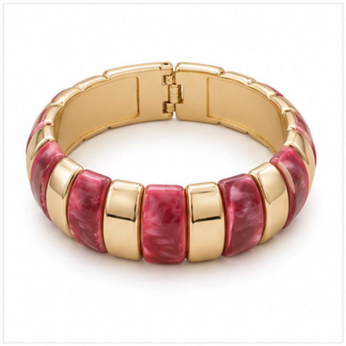 Gold Tone Pink White Wide Enamel Bangle - Image 5