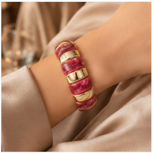 Gold Tone Pink White Wide Enamel Bangle - Image 3