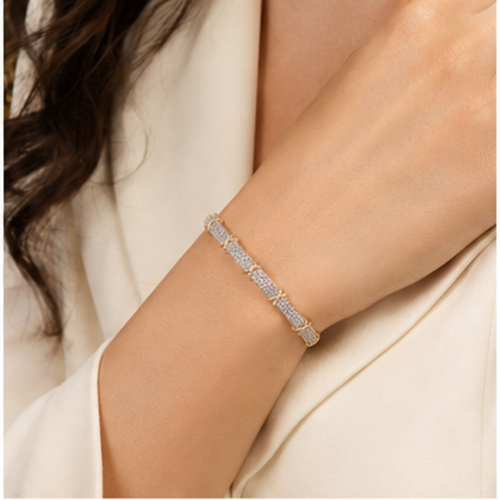 Gold Tone Crystal Accent Minimal Bangle - Image 3
