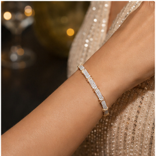 Gold Tone Crystal Accent Minimal Bangle - Image 2