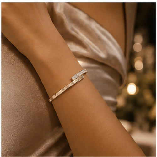 Silver Tone Minimal Oval Bangle - Image 3