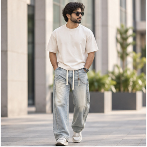 Men's Light Blue Light Fade Relaxed Jogger Denim Jeans - Image 2