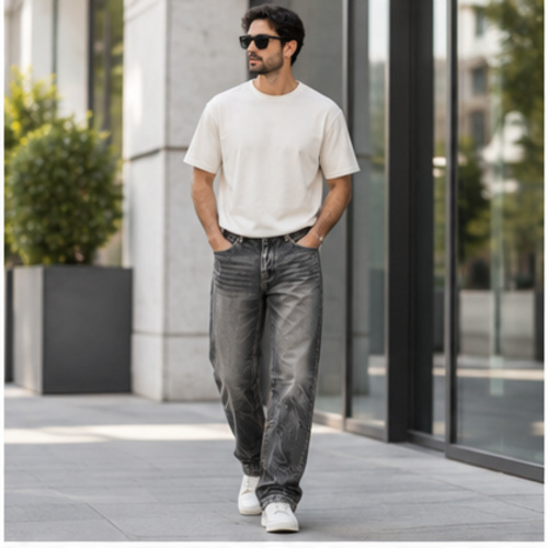 Men's Charcoal Grey Heavy Fade Straight/Relaxed Denim Jeans - Image 2