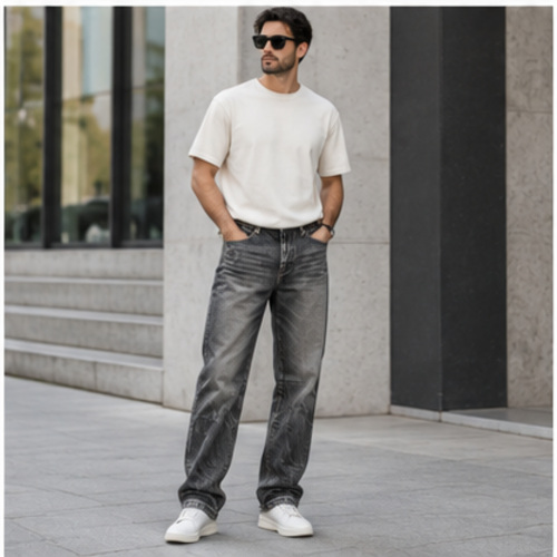 Men's Charcoal Grey Heavy Fade Straight/Relaxed Denim Jeans - Image 7