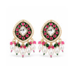 Gold Tone Pink Green Pearl Chandbali Earrings