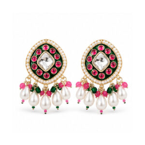 Gold Tone Pink Green Pearl Chandbali Earrings