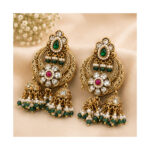 Gold Tone Green Stone Chandbali Jhumka Earrings