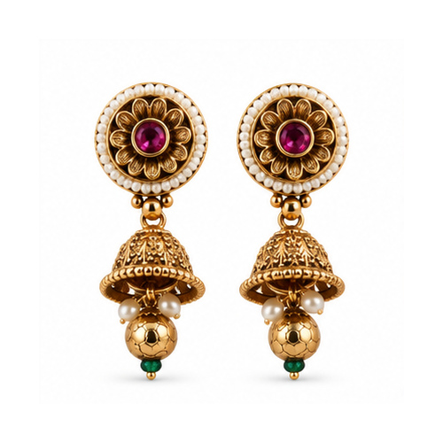 Gold Tone Floral Stud Jhumka Drop Earrings