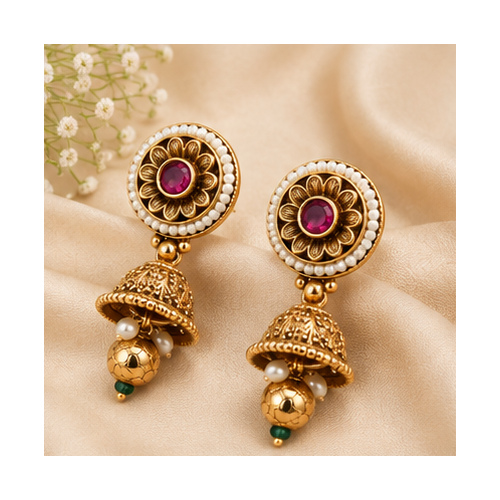 Gold Tone Floral Stud Jhumka Drop Earrings - Image 2