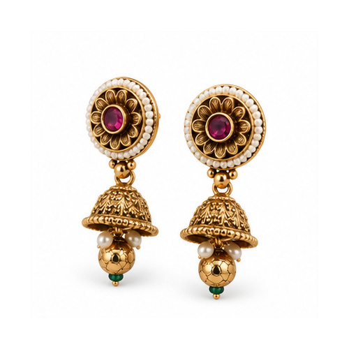 Gold Tone Floral Stud Jhumka Drop Earrings - Image 3