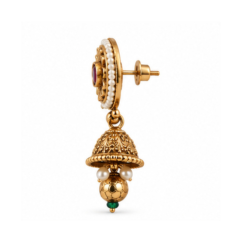 Gold Tone Floral Stud Jhumka Drop Earrings - Image 4