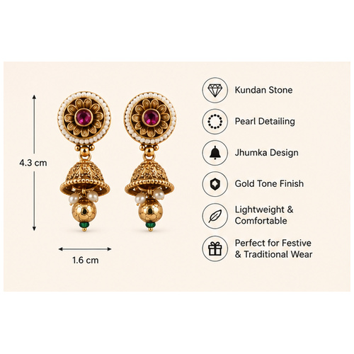 Gold Tone Floral Stud Jhumka Drop Earrings - Image 7