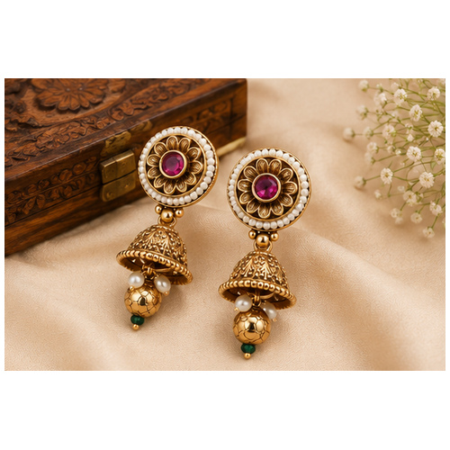 Gold Tone Floral Stud Jhumka Drop Earrings - Image 6