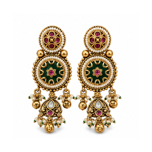Antique Gold Tone Green Meenakari Drop Earrings