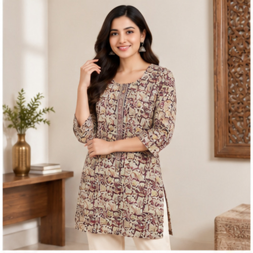 Beige Black Printed Straight Kurti - Image 2