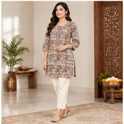 Beige Black Printed Straight Kurti - Image 5
