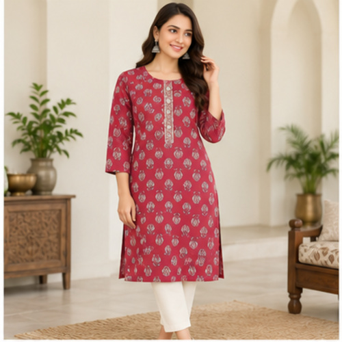 Pink Floral Printed Straight Kurti - Image 2