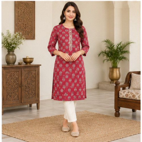 Pink Floral Printed Straight Kurti - Image 5