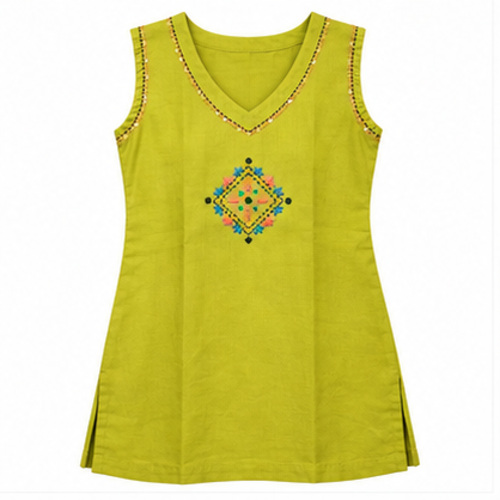 Lime Green Sleeveless Embroidered Kurti