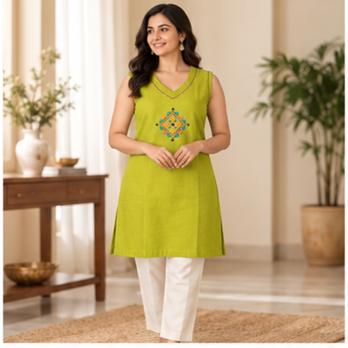 Lime Green Sleeveless Embroidered Kurti - Image 2
