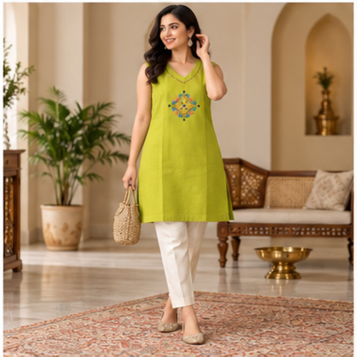 Lime Green Sleeveless Embroidered Kurti - Image 6