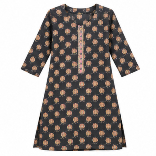 Charcoal Floral Printed Straight Kurti
