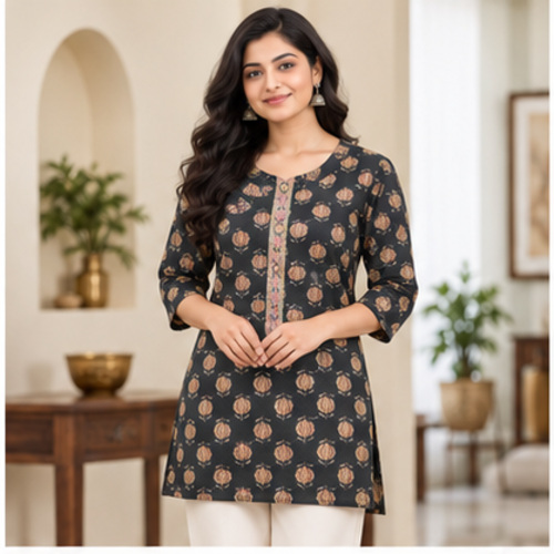 Charcoal Floral Printed Straight Kurti - Image 2