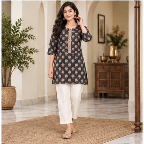 Charcoal Floral Printed Straight Kurti - Image 4