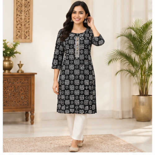 Black Geometric Printed Straight Kurti - Image 2