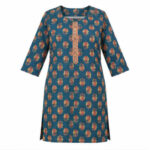 Teal Floral Printed Straight Kurti