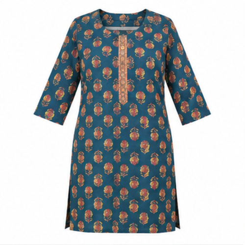 Teal Floral Printed Straight Kurti