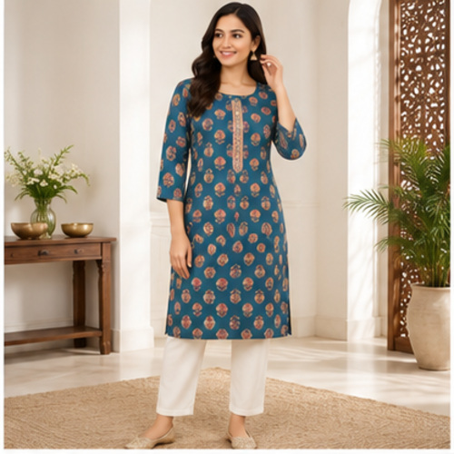 Teal Floral Printed Straight Kurti - Image 2