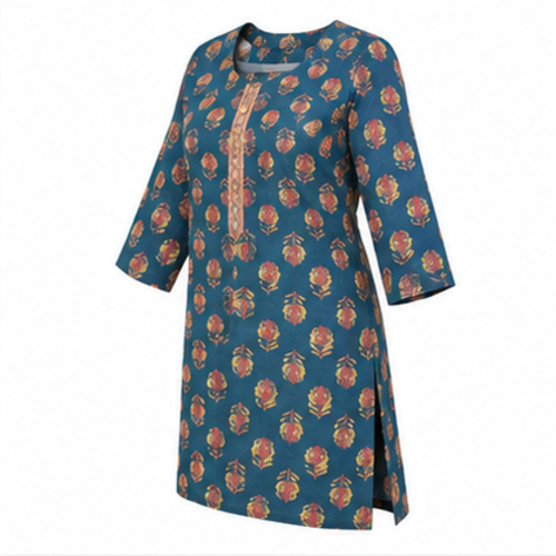 Teal Floral Printed Straight Kurti - Image 4